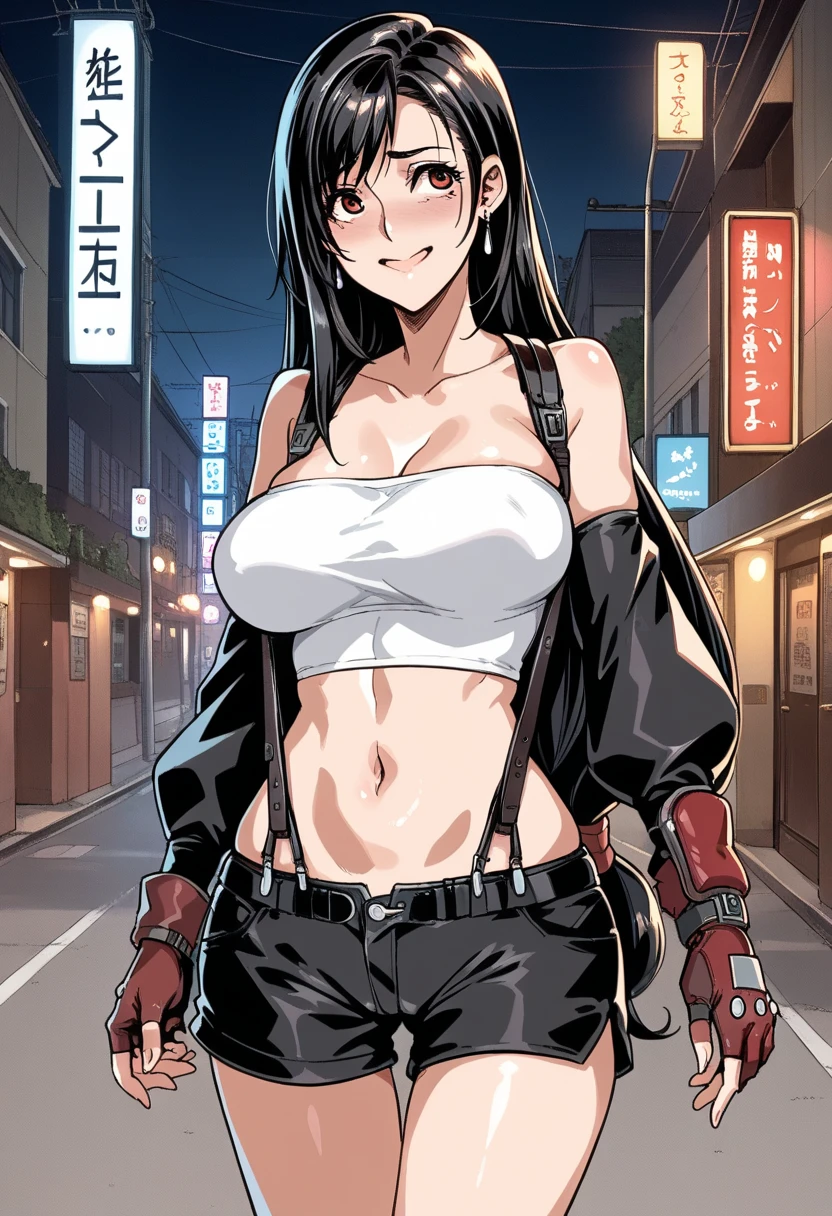 score_9, score_8_up, score_7_up, score_6_up, anime, 
ShindoL_style, 1girl, (tifa lockhart) long hair, skindentation, (Soft Lighting), nervous smile, black hair, big breasts, (hourglass figure), long hair, slut, (nighttime), red light district, street, (outdoors), earrings, cameltoe, (white tube top), (tight black cutoff shorts), lovehogai, neon lights, 