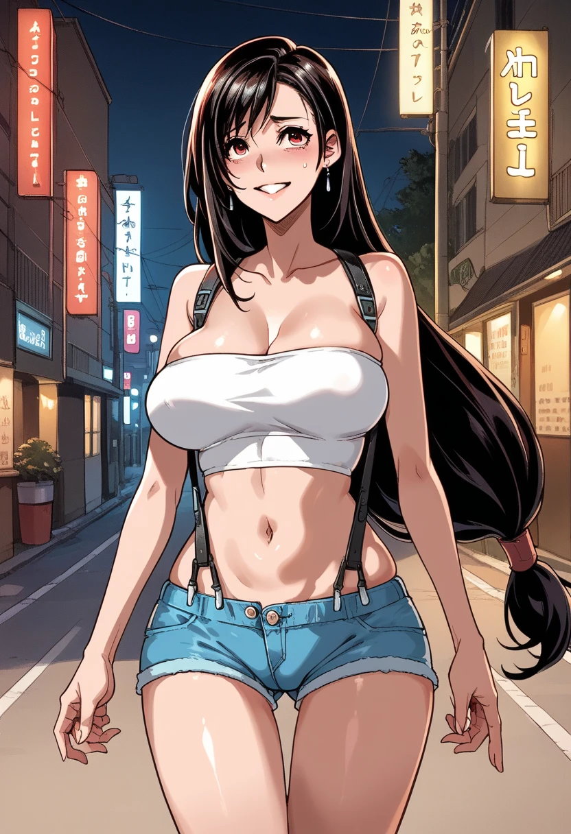 score_9, score_8_up, score_7_up, score_6_up, anime, 
ShindoL_style, 1girl, (tifa lockhart) long hair, skindentation, (Soft Lighting), nervous smile, black hair, big breasts, (hourglass figure), long hair, slut, (nighttime), red light district, street, (outdoors), earrings, cameltoe, (white tube top), (tight black cutoff shorts), lovehogai, neon lights, 