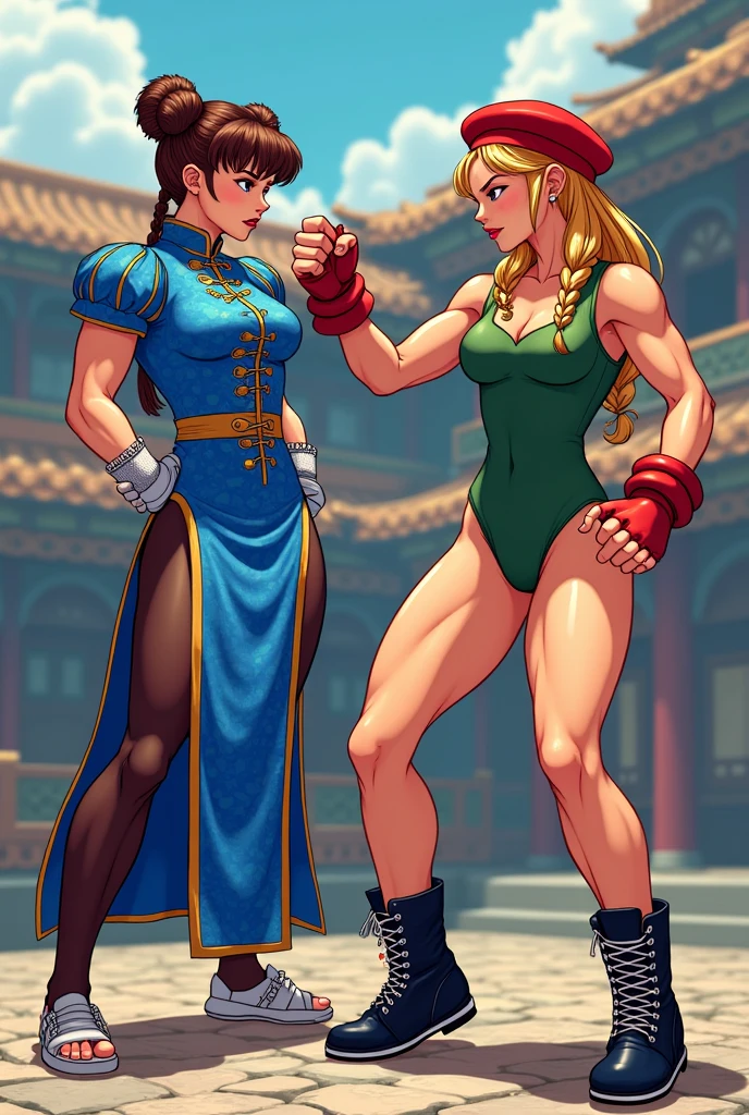 Digital photograph, two beautiful women, Chun-Li vs Cammy, Both of them are in dynamic and action-oriented pose, Both of fight, ([Chun-Li:1.2,brown hair,Bun Hair on both sides of the head,Bun cover,lipstick,makeup,She is wearing a blue china dress,gold trim,Blue cheongsam with side slits,puffy sleeves,short sleeves,side slit,cross-laced footwear,pantyhose,pelvic curtain,spiked bracelet,white footwear]). ([Cammy White:1.2,light skin,blue eyes,and long blonde hair styled in two braids,She is wearing a red Beret,green leotard,red fingerless gloves,black combat boots]). BREAK. Composition of fighting games, The other one person Stick butt out and throws a punch, masterpiece, ultra high resolution, high definition RAW photograph, Highly detailed CG, best quality, 4K, perfect anatomy, perfect proportions, details accurate face, Accurate limbs, details accurate limbs, accurate finger, erotic body, Ultra-realistic 