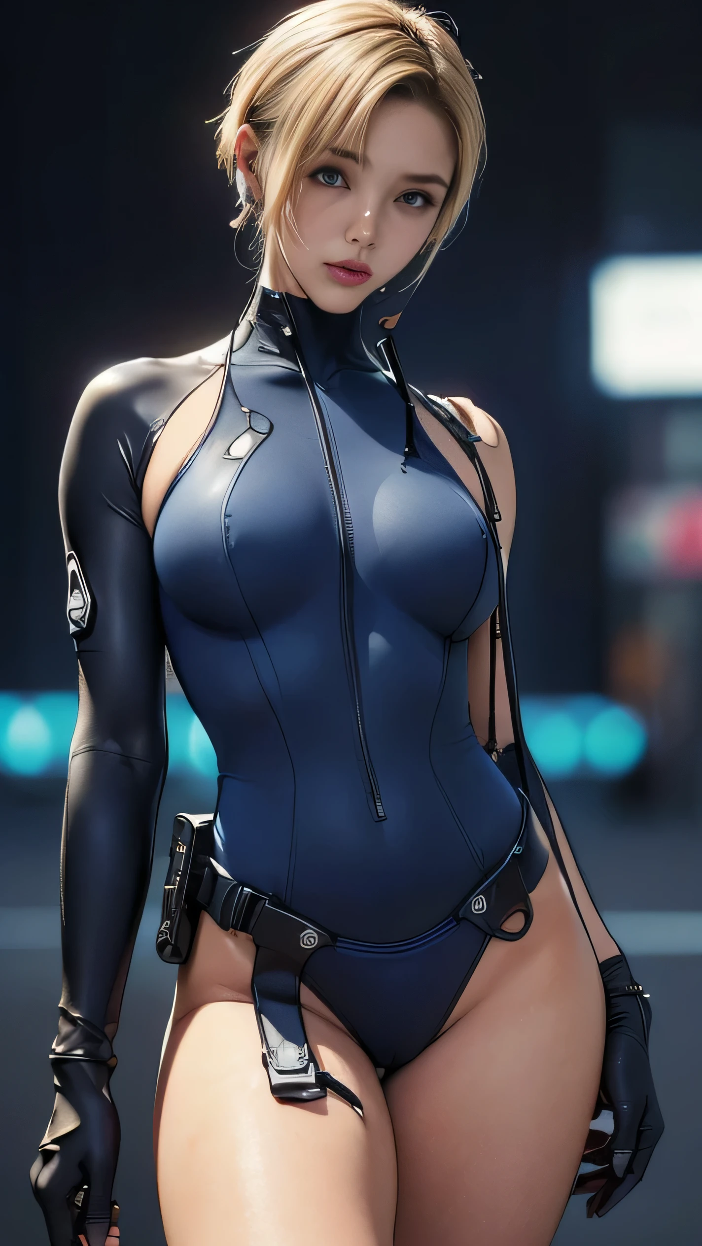 (A woman),(((A female member of the Future Force rides a motorcycle))),((Navy blue tactical high leg bodysuit:1.5)),((earphone:1.5)),((Tactical Holster:1.5)),(Gloves:1.5),(Serious:1.5),(Super short hair:1.5),(bionde:1.5),(beautiful eyes:1.3),(Very detailedな顔:1.5),((Very detailed drawing of a female hand:1.5)),((muscular:1.5)),(y appearance:1.5),((Thick thighs:1.5)),(Beautiful Body:1.5),((Very sensual:1.5)),(Background is hanger:1.5),(Cyberpunk atmosphere:1.5),(((Blurred Background:1.5))),(Written border depth:1.5),rest(((masterpiece:1.5),(best quality:1.5),(Very detailed:1.5),(high resolution:1.5),(Practical:1.5),(Practical:1.5),(Delicate depiction),(Carefully drawn))),8k,wallpaper