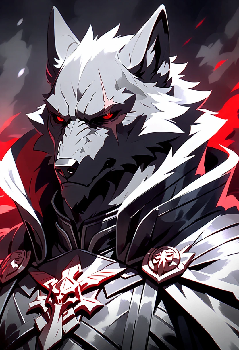 Handsome anthropomorphic black wolf wearing all black german style military outfit with cape, detailed black fur, scar on eye, red eye color, evil, villain, sexy, masculine, arrogant expression, superiority complex, rugged, war general, military general, intimidating, black and white clothing