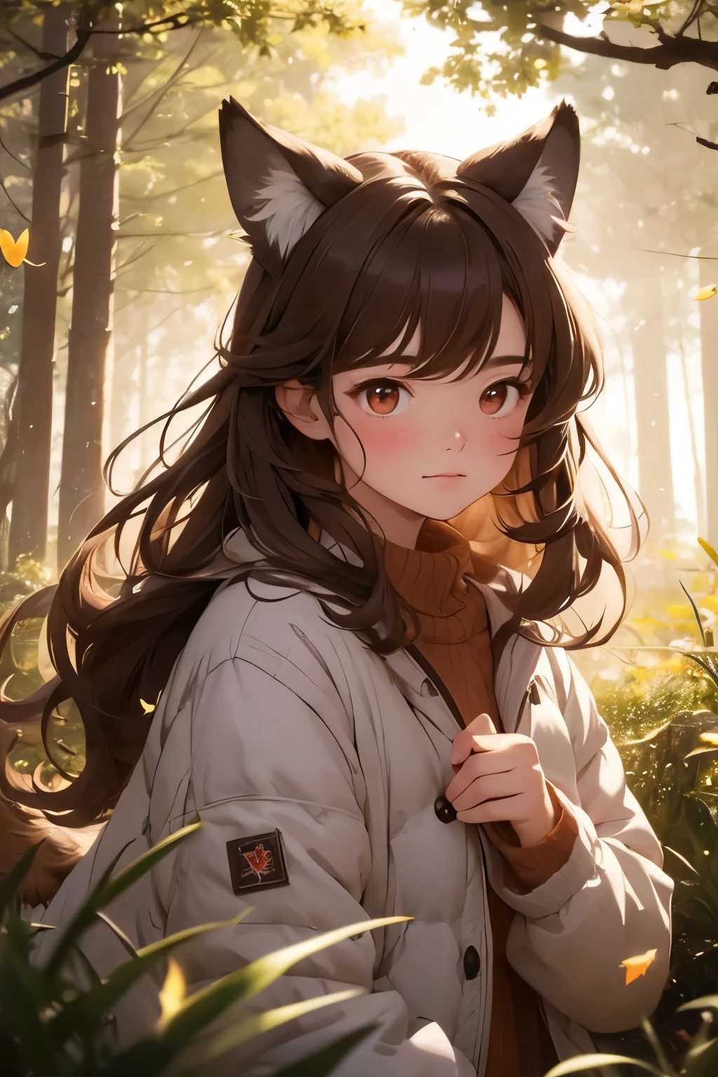 masterpiece，  best quality，  A single young girl can't see the stars，Alone，A faint smile, A faint smile，  falling leaves for vaginal discharge ， down jacket，The sunlight flickers， butterfly  ，Grass animal ears，To the wolf's ear，Long Hair，Tail，wolf Tail，red eyes，Wolf Girl， Brown belly ，