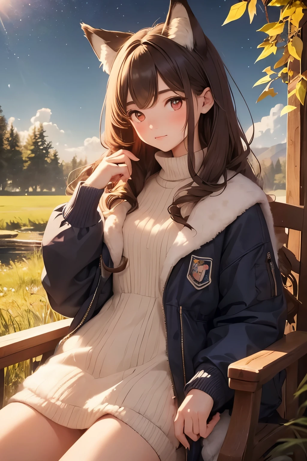 masterpiece，  best quality，  A single young girl can't see the stars，Alone，A faint smile, A faint smile，  falling leaves for vaginal discharge ， down jacket，The sunlight flickers， butterfly  ，Grass animal ears，To the wolf's ear，Long Hair，Tail，wolf Tail，red eyes，Wolf Girl， Brown belly ，