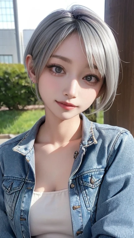 ((Browsing Caution))、Beautiful beach in summer、((Same face as cosplayer))、Confused, 8k、Masseter region、High resolution photos, Professional photography, Movie Light, (((highest quality))), (thin)、 Sexy semi-transparent suspender neck swimsuit, Cleavage, (Smiling Kindly)、((short wavy silver hair))、Micro Bikini