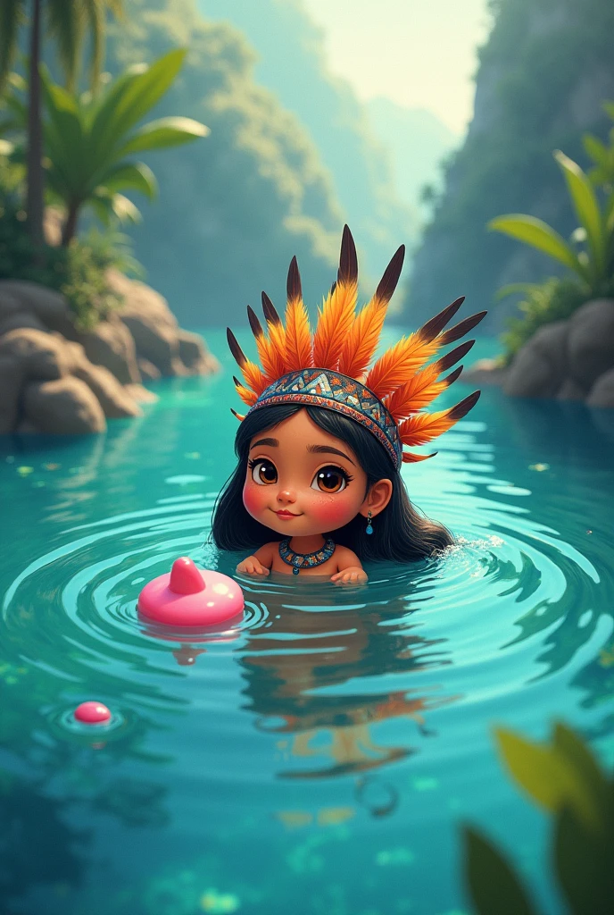 a cinematic photo of a chibi like female native american warrior sitting in a canoe
