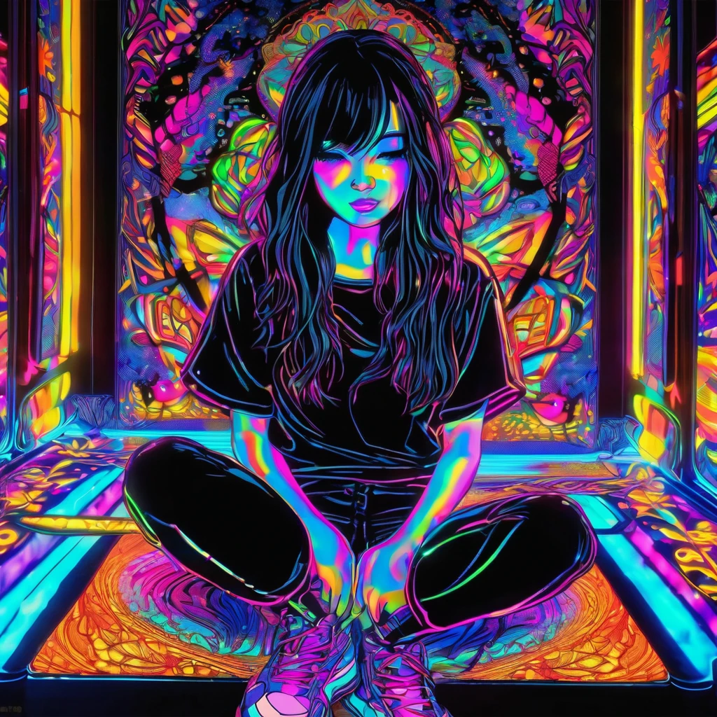 arafed image of a woman sitting on a bed in a room with a lot of stuff, trippy art, psychedelic illustration, psychedelic art style, ??? trip,