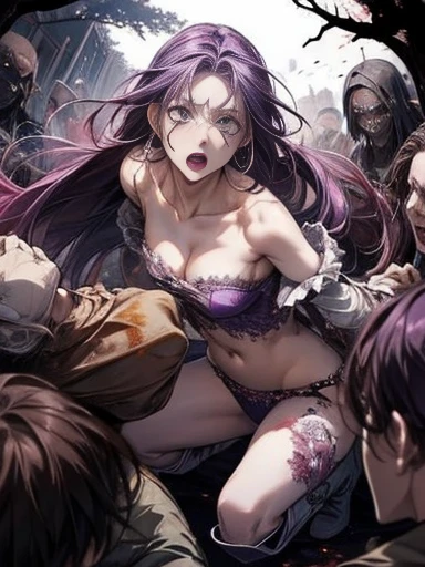  best quality、Whole body expression、torture、 slave、Constraints、BDSM、 captured by zombies 、 surrounded by zombies 1 :5、defeat、 beautiful woman with very long purple hair、Full of wounds、tattered white armor（Small breasts、 cleavage、 off-shoulder 、Sleeveless、No elbow pads、belly button、 high leg、Exposed thighs）、White Armor Boots、Beautiful woman with very long purple hair 、Crying、 Tears Overflow 、A hopeless expression、Fleeing、run、Attacked by zombies 1:5、 many violent zombies 1:5、zombies grab your arm .　Zombie attacks from behind、Zombie grabs leg、Zombie Swarm 1:5、midnight、 Darkness、Different world、 Dark Fantasy 、Pitch Black Hell