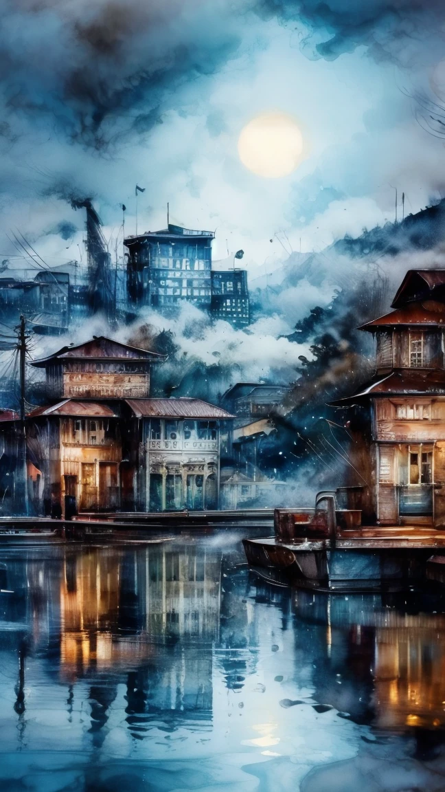 masterpiece, best quality, water, city, reflection of city, (fog:1.3)