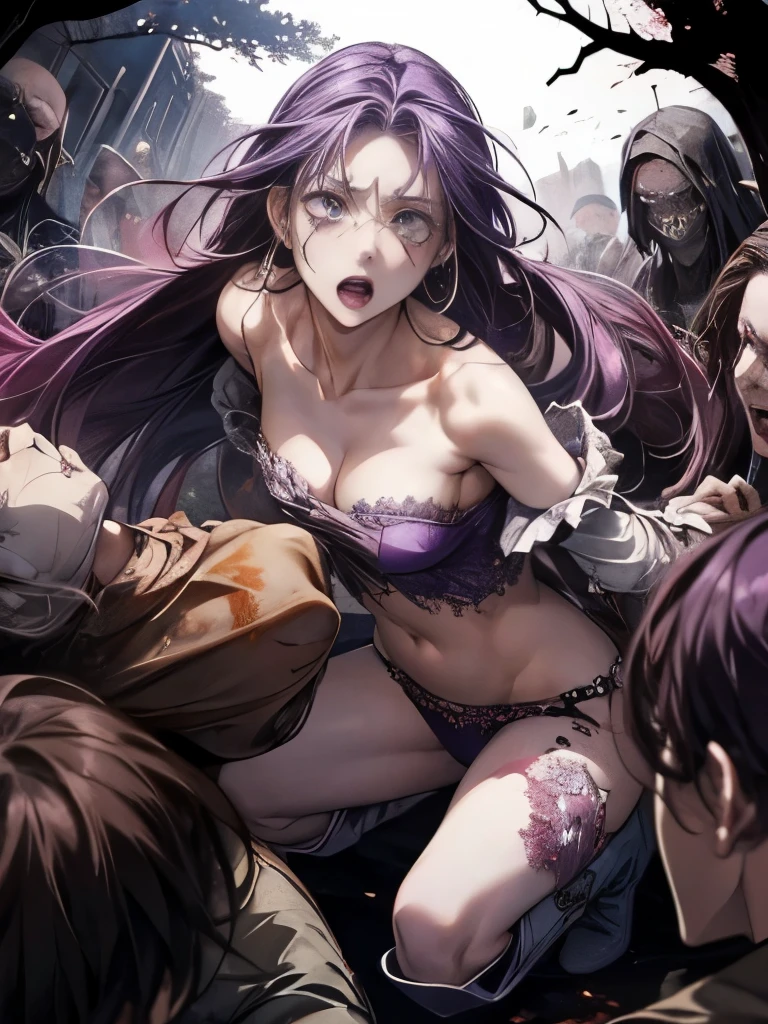  best quality、Whole body expression、torture、 slave、Constraints、BDSM、 captured by zombies 、 surrounded by zombies 1 :5、defeat、 beautiful woman with very long purple hair、Full of wounds、tattered white armor（Small breasts、 cleavage、 off-shoulder 、Sleeveless、No elbow pads、belly button、 high leg、Exposed thighs）、White Armor Boots、Beautiful woman with very long purple hair 、Crying、 Tears Overflow 、A hopeless expression、Fleeing、run、Attacked by zombies 1:5、 many violent zombies 1:5、zombies grab your arm .　Zombie attacks from behind、Zombie grabs leg、Zombie Swarm 1:5、midnight、 Darkness、Different world、 dark fantasy、Pitch Black Hell