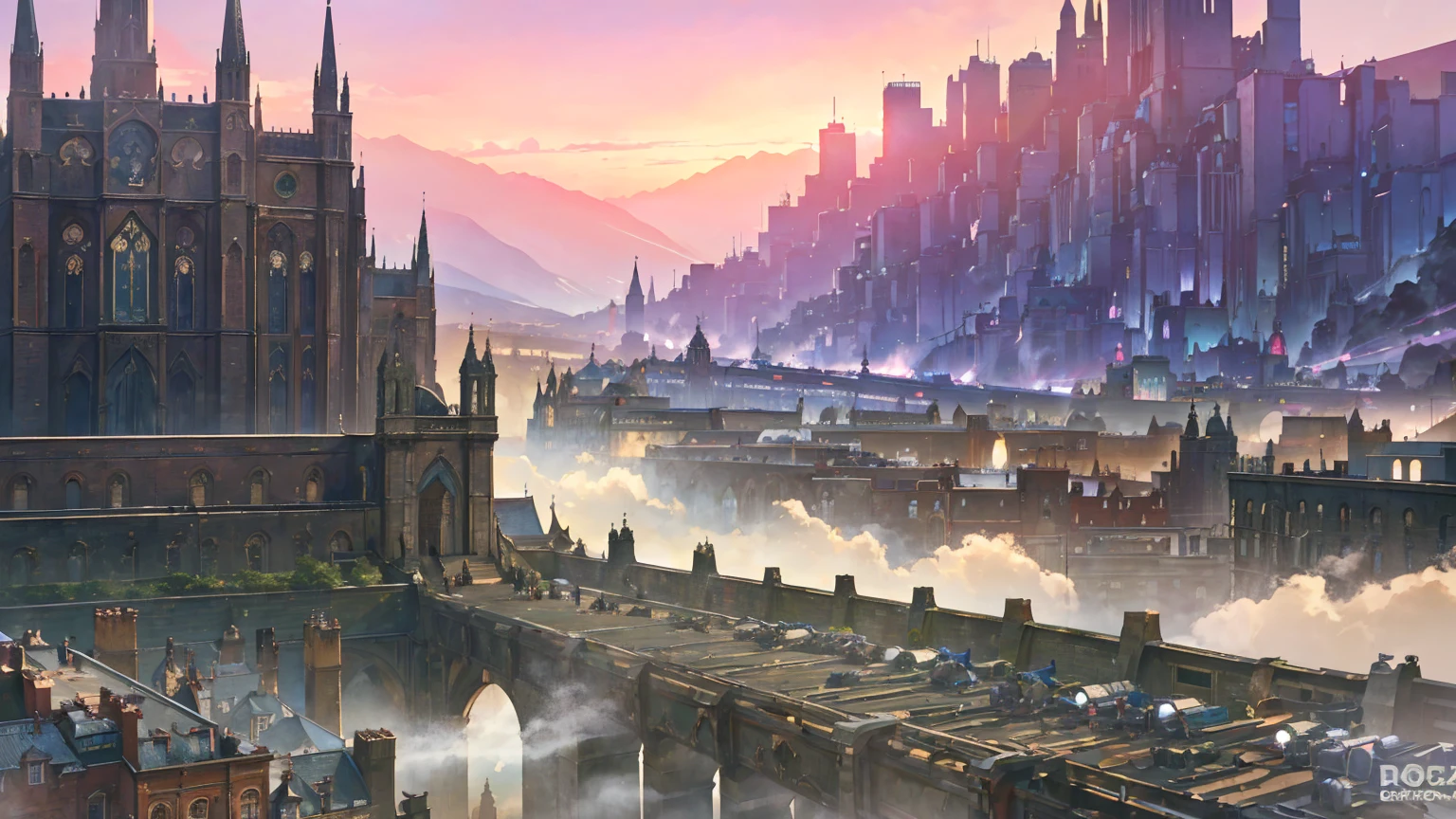 (masterpiece, highest quality:1.2), highest quality, masterpiece, high resolution, Anime style, landscape, cityscape, (magic, magical technology, fantasy), dominated by steam, clusters of factories belching smoke, victorian era, 19th century monorail, tangled urban networks, not demacated, background, bird's-eye view