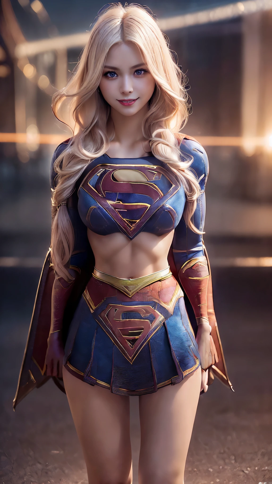 ((Melhor qualidade, best resolution,  absurdo, obra-prima, ultra-detalhado,nsfw)) 1girl, Mulher americana bonita cabelo longo loira, 23 anos, corpo ampulheta,huge breasts, corpo definido , vestindo lingerie de renda:1.6 ((  calcinha fio-dental  e meia 7/8 cosplay de Supergirl)),nsfw