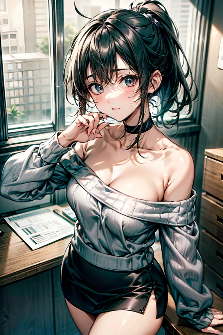RAW photo, extremely delicate and beautiful, masterpiece, Best Quality, ultra high resolution, 16k, photorealistic, ultra detailed description, pale skin, in her 20s, whole body, medium tits, medium hair, black hair, tearful mole, earring, business suit, skirt,
