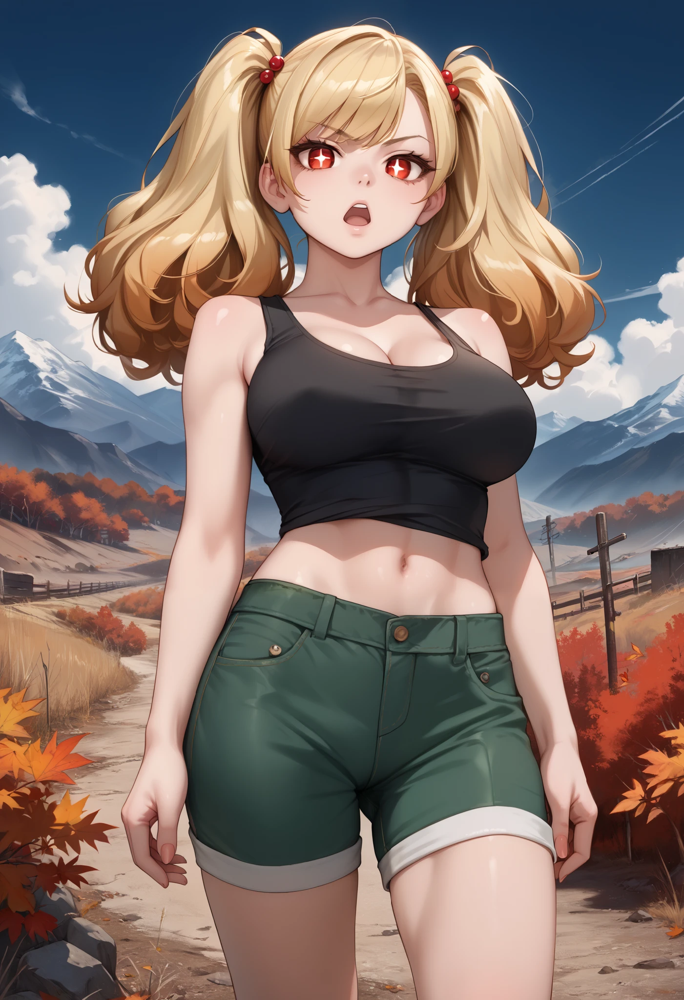 score_9_up, score_8_up, score_7_up, solo, source_anime, 1girl, super hero girl, +_+, bright pupils, detailed eyes BREAK 

Large breasts, Blonde hair, red eyes, twintails, big hair BREAK 

Black tank top, navel, green shorts BREAK 

Open mouth, bored face, looking at viewer, standing, outdoors, mountains, autumn, wasteland, dark sky BREAK   