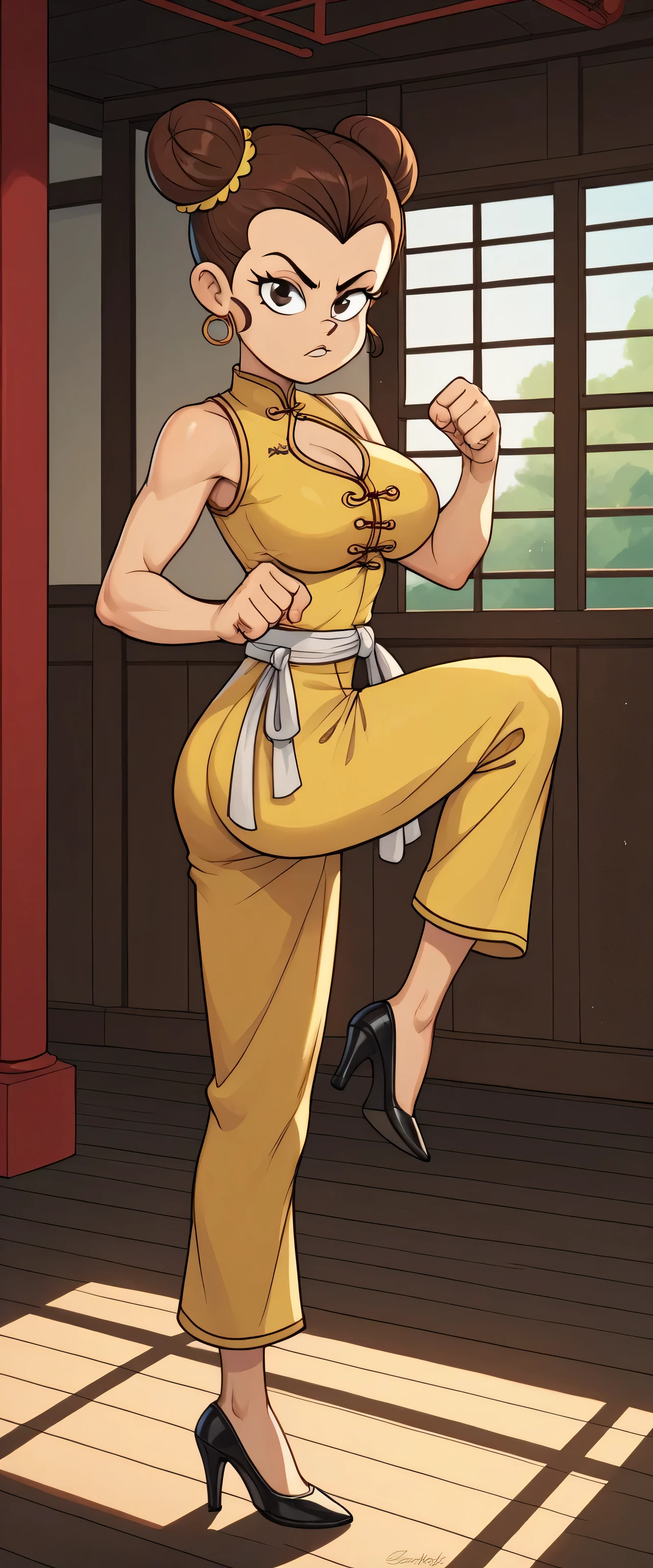 luan loud, 1girl, solo, 24yo girl, large breasts, yellow cheongsam,  inside of a chinese temple, looking at viewer, brunette hair, two hair buns , hands  score_9, score_8_up, score_7_up, high heels, teep fighting stance,martial arts, chest window