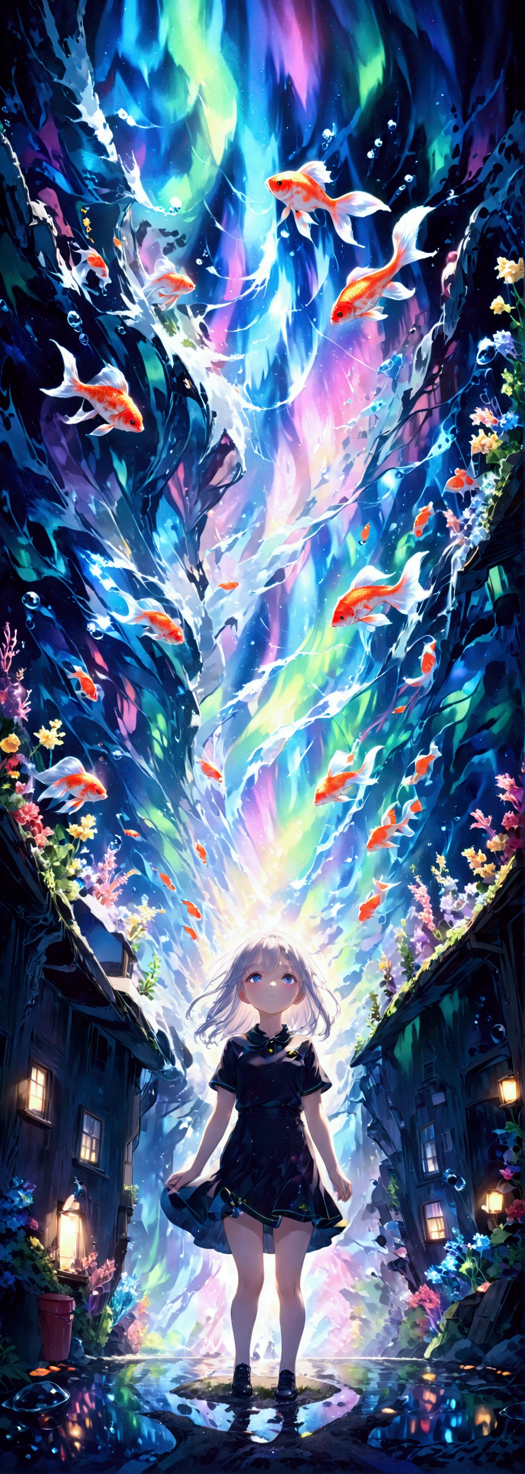 1girl\(cute,student,teenager, JK, hair\(short,silver,floating\), cosmic colored eyes, black color uniform of school, pale skin, tired face with no shine in the eyes\) (looking up:1.4) sky, (many goldfish\(red, beautiful,shiny scales \) in the air), (crystal clear bubbles as if underwater are shining prism here and there in the sky), beautiful sky, (colorful aurora:1.5),(vivid color:1.4), there are (puddles at ground and the aurora reflecting:1.3) beautifully, Looking up from the back alley of a cramped slum to the wide open sky, summery colorful crystal flowers are blooming here and there, you can see flowing wind shining, noonday moon and noonday stars in the sky,from below. BREAK .quality\(8k,wallpaper of extremely detailed CG unit, ​masterpiece,hight resolution,top-quality,top-quality real texture skin,hyper realisitic,increase the resolution,RAW photos,best qualtiy,highly detailed,the wallpaper,cinematic lighting,ray trace,golden ratio\)