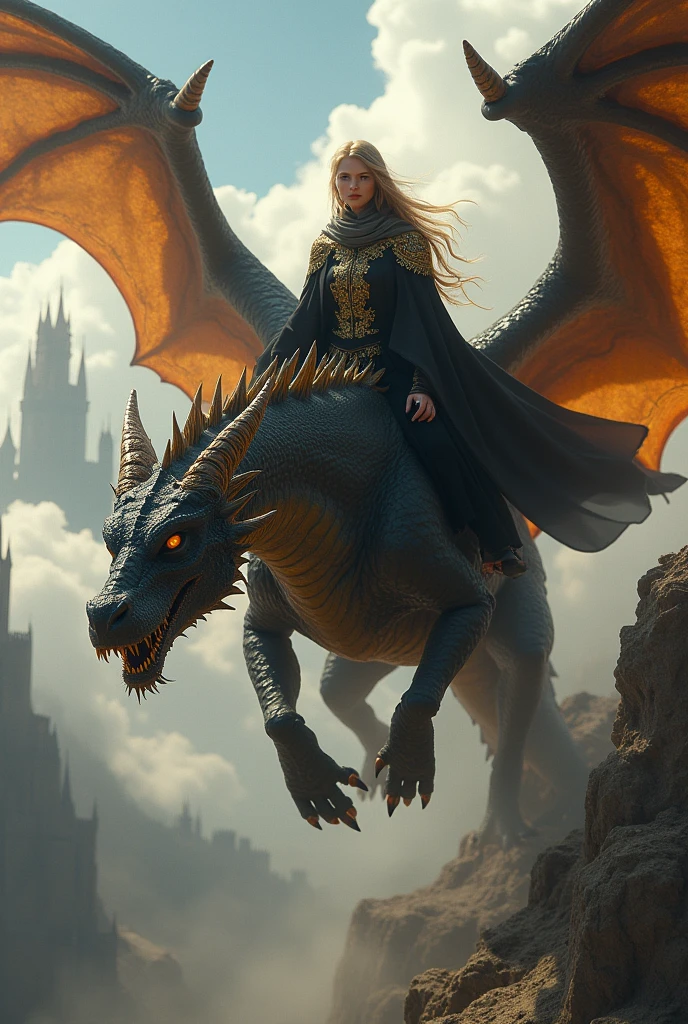 might and viscious dragon flying up the sky mounted by a beautiful queen wearing black noble outfit with a crown heading to war, soft lighting, realistic, intricate details, warm colors, by Greg Rutkowski, by Alphonse Mucha