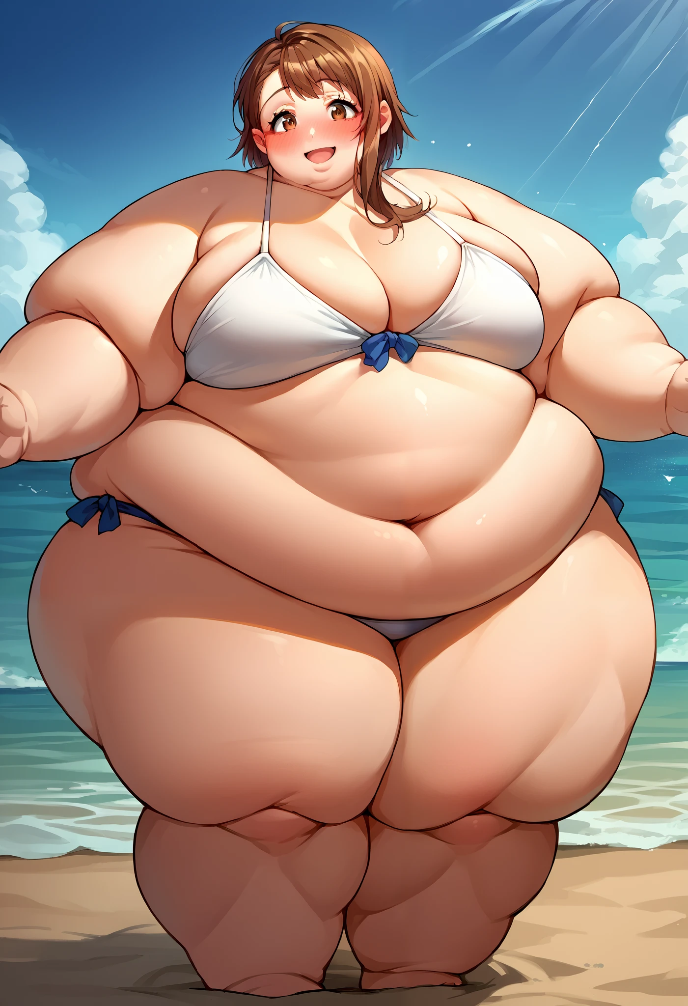 score_9, score_8_up, score_7_up, source_anime, 1girl, solo, OnoderaKosaki, beach, swimsuit, bikini blush, full-face blush, happy, smile, fat, chubby, obese, extremely obese, gigantic arms and legs, big belly 