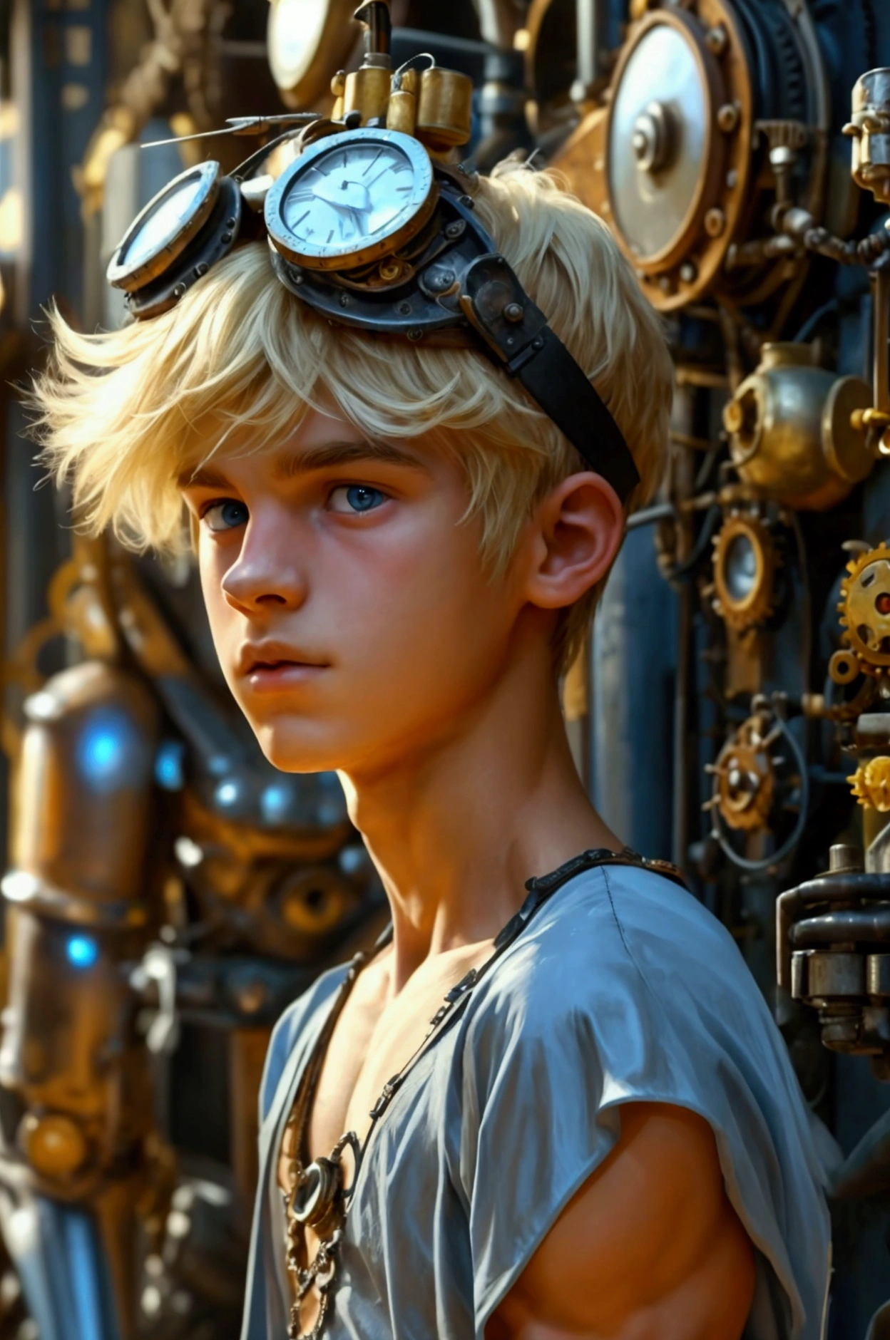 A photo of a young  male cute boyish imature shirtless 18yo teenager, Innocent face, innocent expression super skinny, blond, handsome, cute handsome boyish face,   wearing a super tight shorts hyperrealism photo. Full-body male focus. Focus on male cuteness.  Perfect anatomical proportions.(( Shirtless posing )) for his photograph in front of an intricately designed steampunk industrial building  with many intricate steampunk gadgets. Steampunk setting. Perfect face. Coal dust streaks on his bare chest and arms. ((Not muscular))