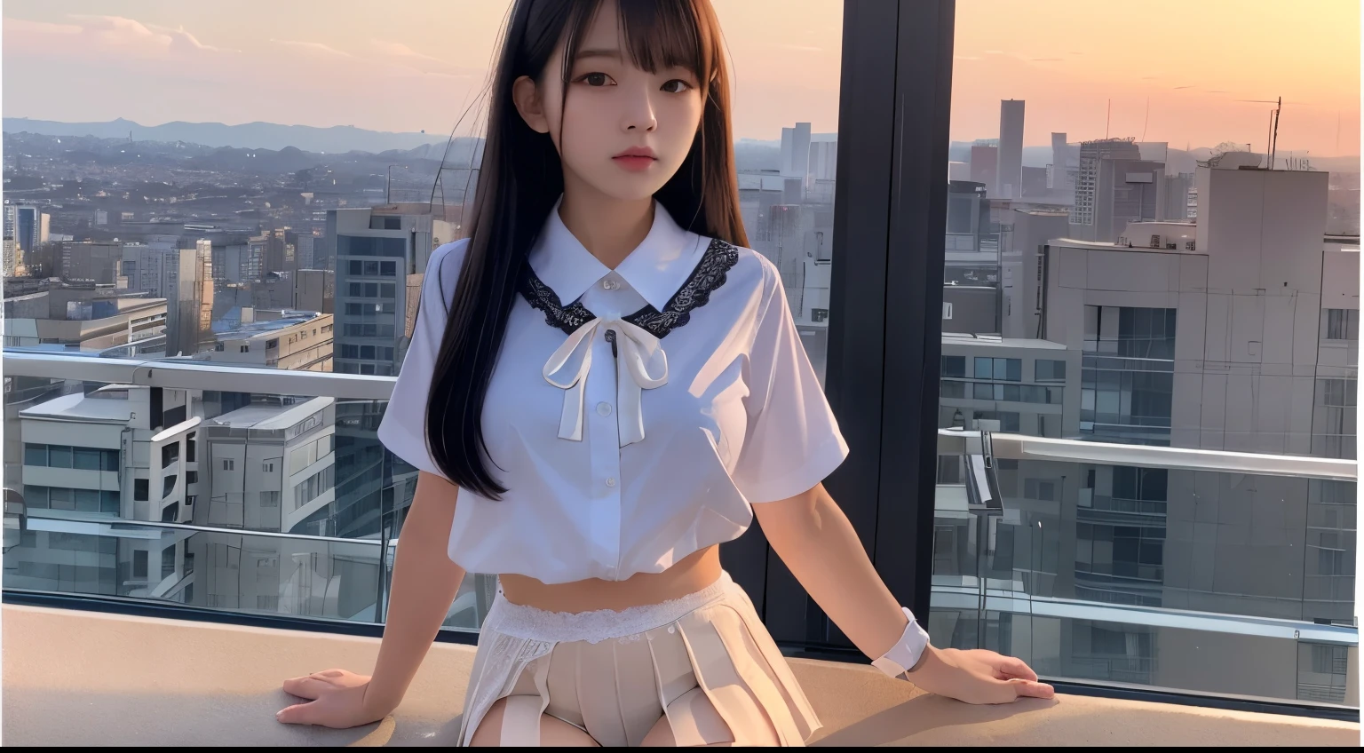 (8k, RAW photos, photorealistic: 1.25), (lip gloss, eyelashes, shiny face, shiny skin, top quality, ultra high resolution, depth of field, chromatic aberration, caustics, broadlighting, natural shading, kpop idol) looking viewer with troubled face, sad face, high school classroom, sailor suit, big, White panties are visible from the super mini skirt, legs open, crotch split, low angle, brown hair, princess cut, midium hair, bangs,