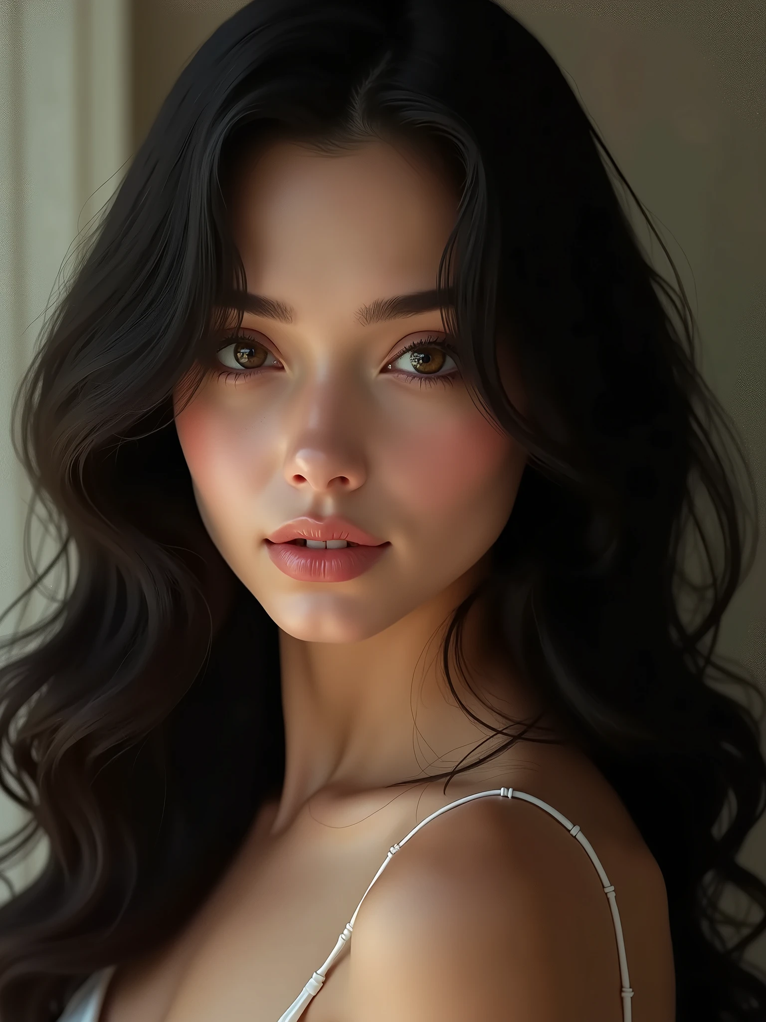 a woman has a discreet smile, very beautiful, black