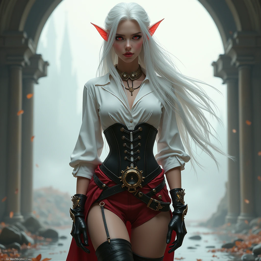 masterpiece, best quality, stunningly beautiful female dark elf, dark skin, long straight hair, platinum blonde hair, pointy ears, elegant black coat, cleavage, jewelry, nobility, royal, high society, castle courtyard, snow, fantasy, night, (woman:0.5) vibrant colors, bokeh, professional, highly detailed,