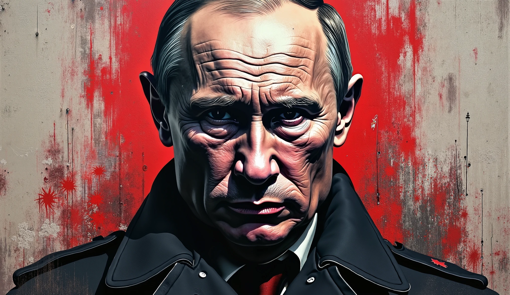 Futuristic portrait, of high technology, cyberrealist, dark and melancholic, of a menacing Putin in Stalin&#39;s uniform emerging from the shadows., ink ,Bloody red paint splatters,( cybernetic implants), Digital Device Additions, complex mix of styles, More than one style was used, ((use metal materials)), broken corner, fatal red weather, (bas-relief), embedded scrap, ((Blood waterfall background))
