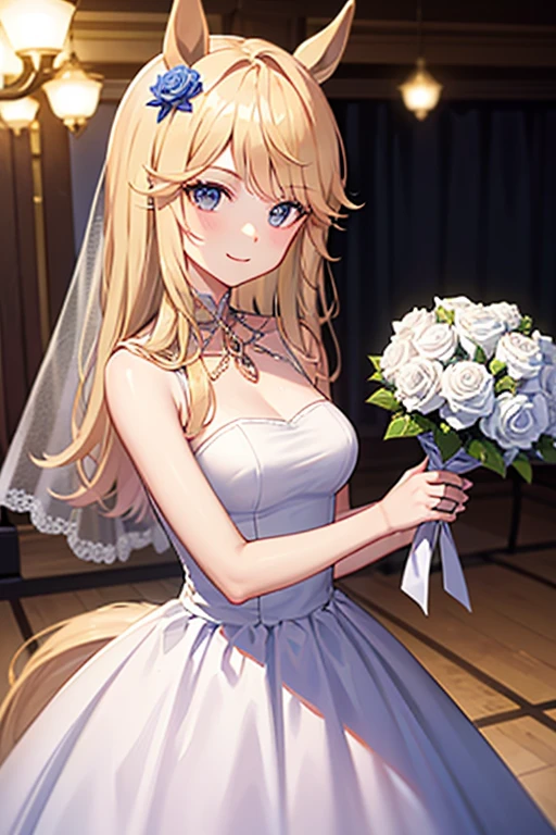 (masterpiece, top quality, best quality, official art, beautiful and aesthetic:1.2), (1girl:1.3), extremely detailed, official artstyle, highest detailed, parted lips,wallpaper,beautiful violet eyes, long hair, beautiful blonde hair, ponytail hairstyle, bangs, (happiness, beautiful smile, happy expression, happy face), ((Wedding dress, chies, Bridal veil, Wedding, Bouquet)),(cowboy shot), holding a flower