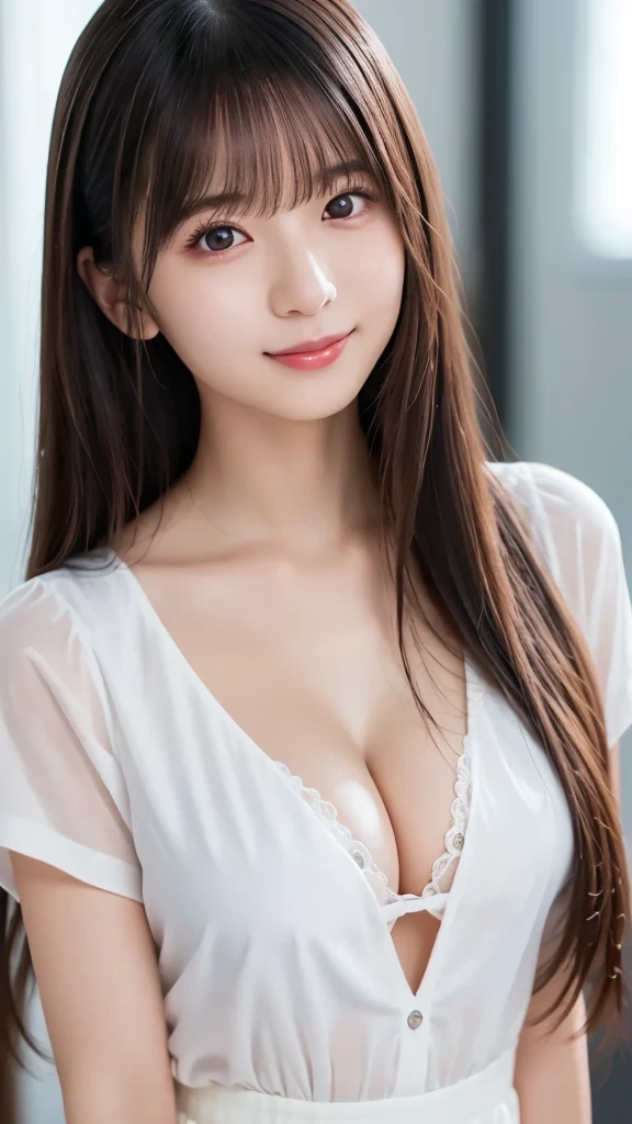  white shirt, beautiful目, Idol, Feminine dark hair , ( Delicate and realistic hair, 1 1 Realistic Hair), bangs,  natural colored lips, smile, ((white indoor)), indoor, ( 18 year old female  : 1. 2),  Young and Adorable Japanese Face,  Official Art,  high definition  CG Unity 8k 壁紙, (masterpiece: 1.0) , ( best quality: 1. 0), ( best quality: 1. 0), Ultra  high definition ,4K, Very detailed,  photos that are definitely not SFW,8k, NFFS DAW , high definition , Kodak Portrait 400 , Film Grain, Lens Flare グロー, best quality,8k, NFFS DAW :1. 2),  as a portrait shot,8k, Show viewer , ((masterpiece)), (( best quality)), ( super detailed), ((cute)), (Nice), (( sexy)), (( Very detailedな)), (detailed clothing features), 4K, (8k), (beautiful), Illustration, beautiful日本人の女性, ((1 female)), beautiful black hair, (Long Hair:1.2), ((beautiful eyes)),  Lens Flare, (((Front View))), ((facing))、(Bold Cleavage : 1.3)、 (Tight chest : 1.3)