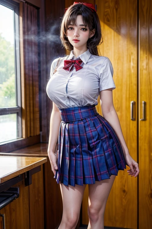 (Perfect Body: 1.1), (Young), (Short Wavy Hair: 1.2), Full-body shot, (Girl in uniform: 1.2, Pleated skirt, buttoned shirt), ((school uniform)),wet lace panties, (highly detailed CG 8k wallpaper), (delicate and very beautiful), (masterpiece), (best quality: 1.0 ), (ultra high definition: 1.0), Beautiful lighting, perfect lightning, realistic shadows, [high resolution], skin profile, special profile, (leg spread)), (leg up), Slim body), dim, large earrings, thighs, (beautiful long hair),golden hair, thin collarbone, soft navel, soft midriff, soft back, angle from above, sweating, beautiful breasts, blush, realistic picture, realistic face, realistic eyes, small eyes, smile (color))) ((breakage))), (eyeliner), (mascara), ((thick white liquid on body)), ((thigh spread)), (thick white liquid dripping from body)))), ((hand on thigh))))), (stuck between breasts)),big breasts, POV, wet neck, (mannequin thigh),(mannequin waist), 4k hd,  Perfect nose, perfect eyes, good deatied belly, look through clothes, open legs, look at viwer.