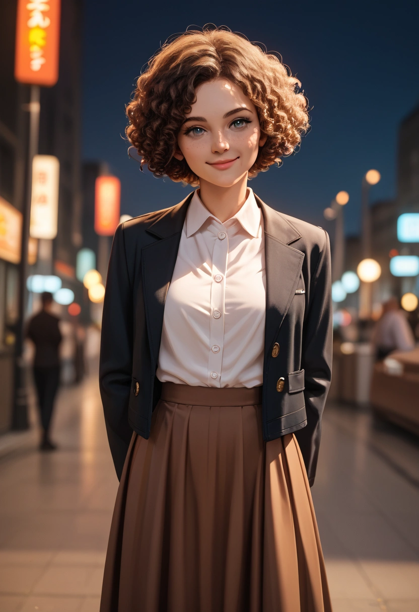 score 9, score 8_up, score 7_up, score real, beautiful face woman, Accurate limb expression、　Smiling gently、((brown short curly hair)), amazing hourglass figure, (dark color jacket and long skirt),(white collared long sleeve shirt), ((untucked shirt:1.2)), perfect figure, city at night, (standing with　Arms folded behind back) ,Arms behind back, front view, score_9, score_8_up, score_7_up, source real, real skin, BREAK,, score_9, score_8_up, score_7_up, score_9, score_8_up, score_7_up, face,score_9, score_8_up, score_7_up,source_real,real skin, BREAK