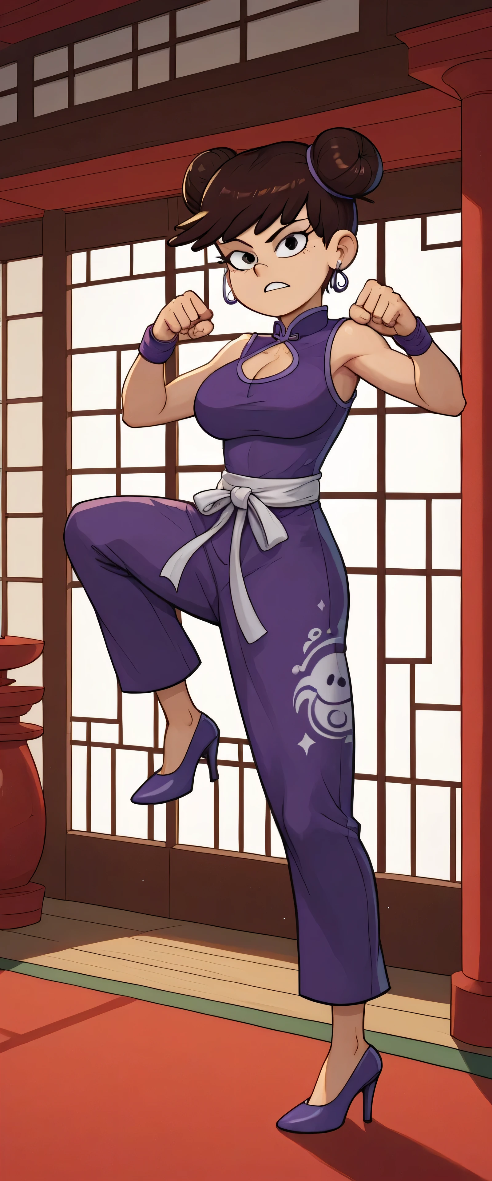 luna loud, 1girl, solo, 24yo girl, large breasts, purple cheongsam, inside of a chinese temple, looking at viewer, brunette hair, two hair buns , hands  score_9, score_8_up, score_7_up, high heels, teep fighting stance,martial arts, chest window