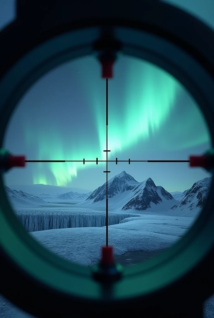 PHOTO REALISTIC of Aurora over the glacier as seen from a binocular with crosshair, highly detailed, 