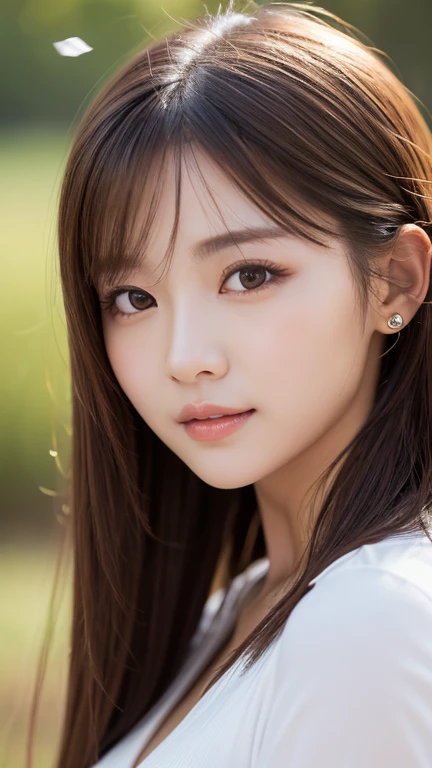 masterpiece、1 beautiful girl、Fine brown eyes、Puffy eyes、Highest quality, 超High resolution, (Reality: 1.4), Cinema Lighting、(Japanese)、Asian Beauty、Super Beauty、Medium Hair、Beautiful Skin、Slender、(Look at the viewers)、(Surreal)、(High resolution)、(8K)、(Very detailed)、(Beautiful and detailed eyes)、(Ultra-detailed)、 (wall-)、Detailed face、Bright lighting、Professional Lighting、