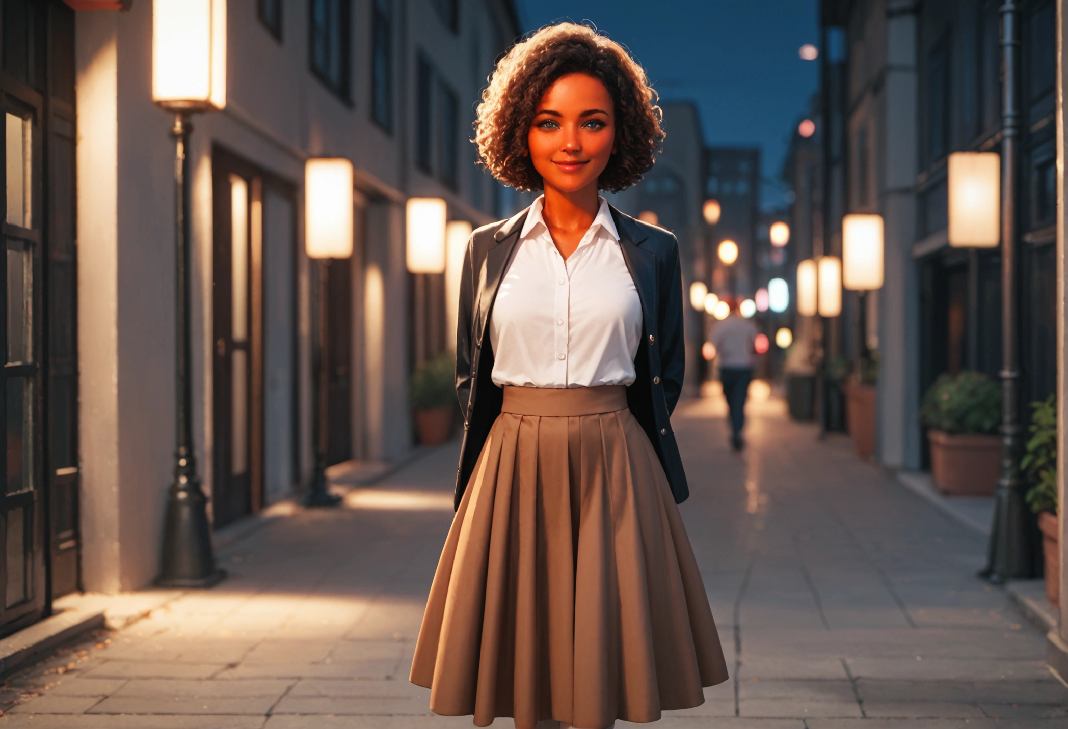 score 9, score 8_up, score 7_up, score real, beautiful face woman, Accurate limb expression、　Smiling gently、((brown short curly hair)), amazing hourglass figure, (dark color jacket and long skirt),(white collared long sleeve shirt), ((untucked shirt:1.2)), perfect figure, city at night, (standing with　Arms folded behind back) ,Arms behind back, front view, score_9, score_8_up, score_7_up, source real, real skin, BREAK,, score_9, score_8_up, score_7_up, score_9, score_8_up, score_7_up, face,score_9, score_8_up, score_7_up,source_real,real skin, BREAK