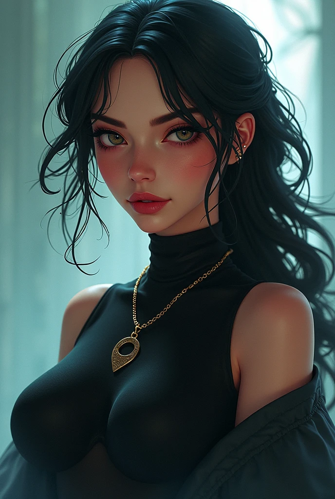 A beautiful young woman with striking green eyes, long black hair tied in a bun, wearing a strapless midi dress, a red scarf around her neck, and flowing arm sleeves, (best quality,4k,8k,highres,masterpiece:1.2),ultra-detailed,(realistic,photorealistic,photo-realistic:1.37),portrait,beautiful detailed eyes,beautiful detailed lips,extremely detailed eyes and face,long eyelashes,elegant,graceful pose,soft lighting,vibrant colors,warm color palette,cinematic