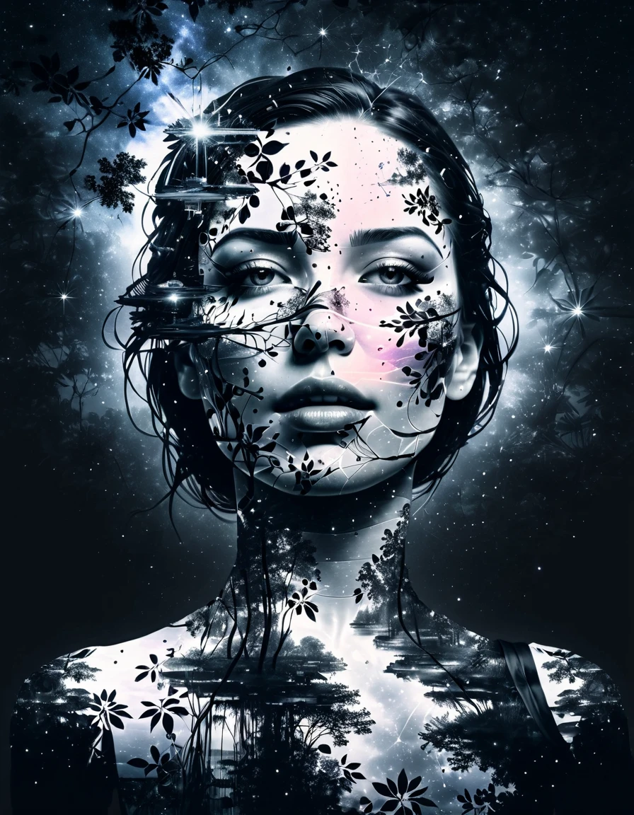 (Double exposure:1.3), effect of a women's face superimposed on a pond,  ultra detailed，Galaxy