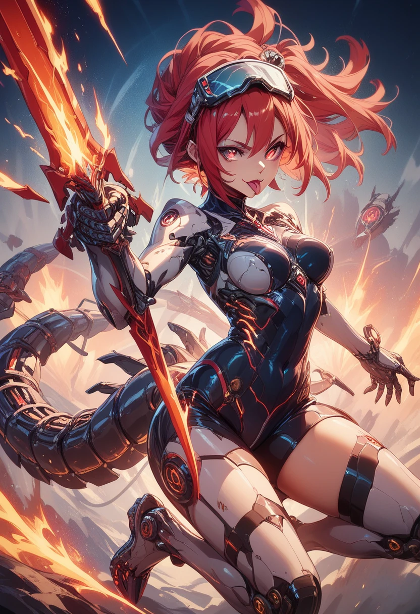 dragon born, anime woman, blue flame aura, ultra detail, masterpiece, 8k cg wallpaper, reflection, dragon theme, red hair, in a battle field, mecha huga dragon as a pet, full body suit
