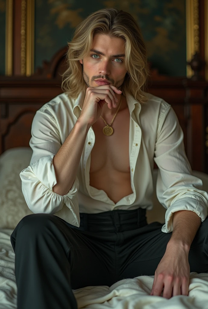 A man sitting in room with long silky hair upto floor