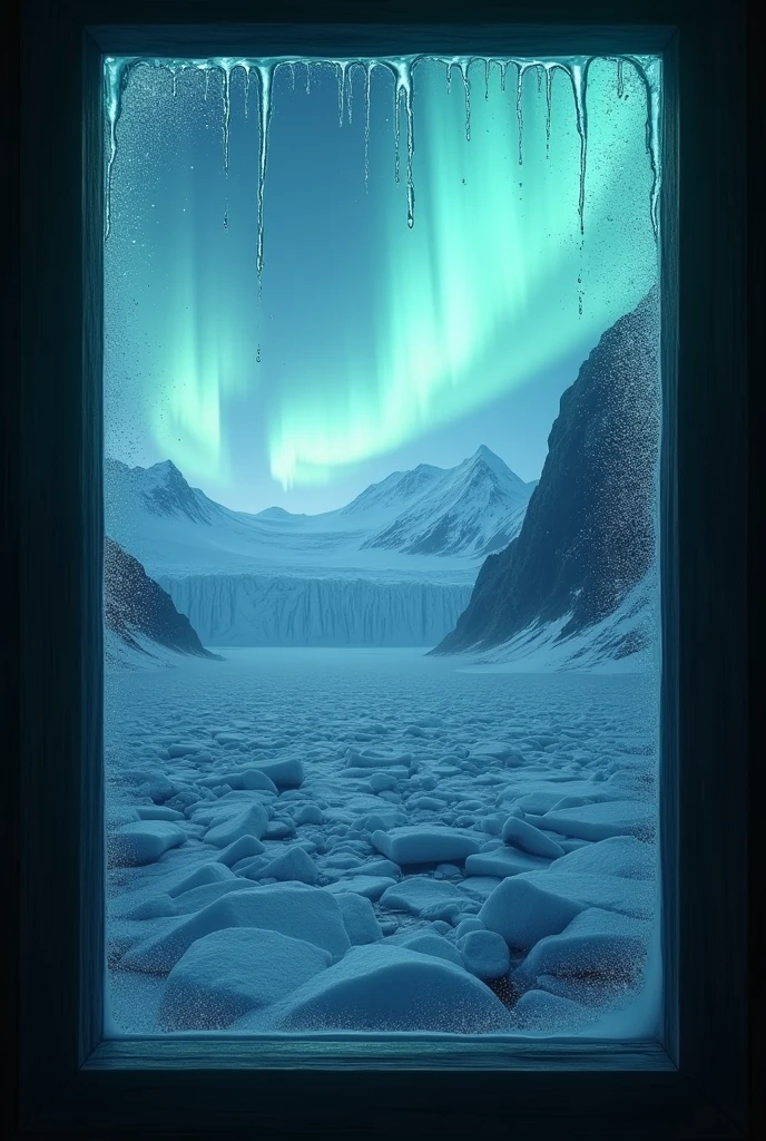 PHOTO REALISTIC of Aurora over the glacier as seen from a misty window, highly detailed dripping water, 