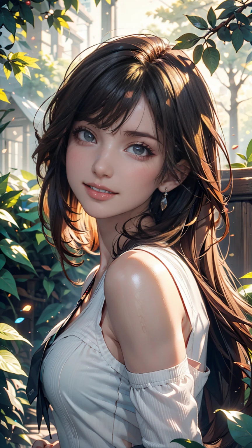 Beautiful and mysterious woman with brown hair, Watching the sunset in a beautiful forest