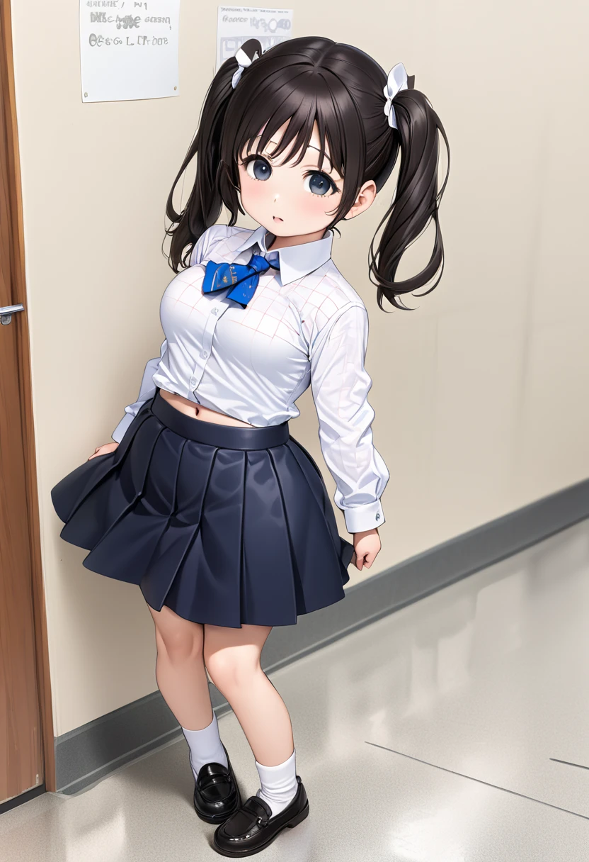 masterpiece, (((Lori,  elementary school students,  short, Little person syndrome))), (( black hair,  twin tails)), Busty, Big Ass, Bimbo, whole body, School route,  kinky clothes, Rebis-style pattern , ( A shirt that is small enough to show the navel, Very thin shirt), A skirt that is short enough to show your butt 