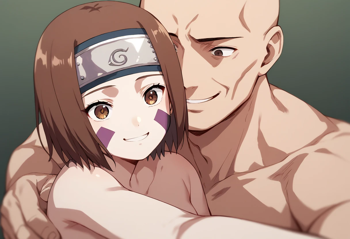 BREAK, source_anime,
upper body, 1 young girl, nohara rin, brown hair, short hair, brown eyes, smaller girl, naked, facial markings, forehead protector, beautiful legs, beautiful body, naked, konohagakure background, smile, BREAK 1boy, white skin, netorare, taking a selfie, hug, taller male, bigger male, adult male, bald male, bald boy