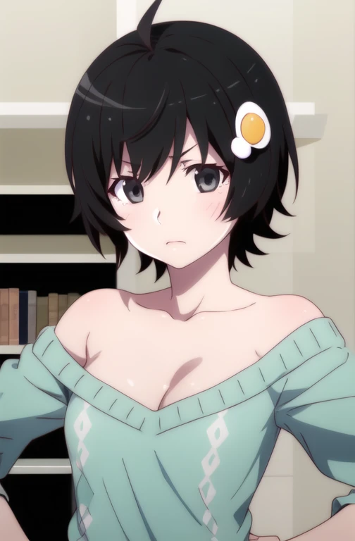 1 , Alone,
araragitsukihi,  short hair,
hair ornament, ahoge, egg hair ornament,
strapless sweater, Serious, photo of the upper body,  hands on hips ,  cleavage
 