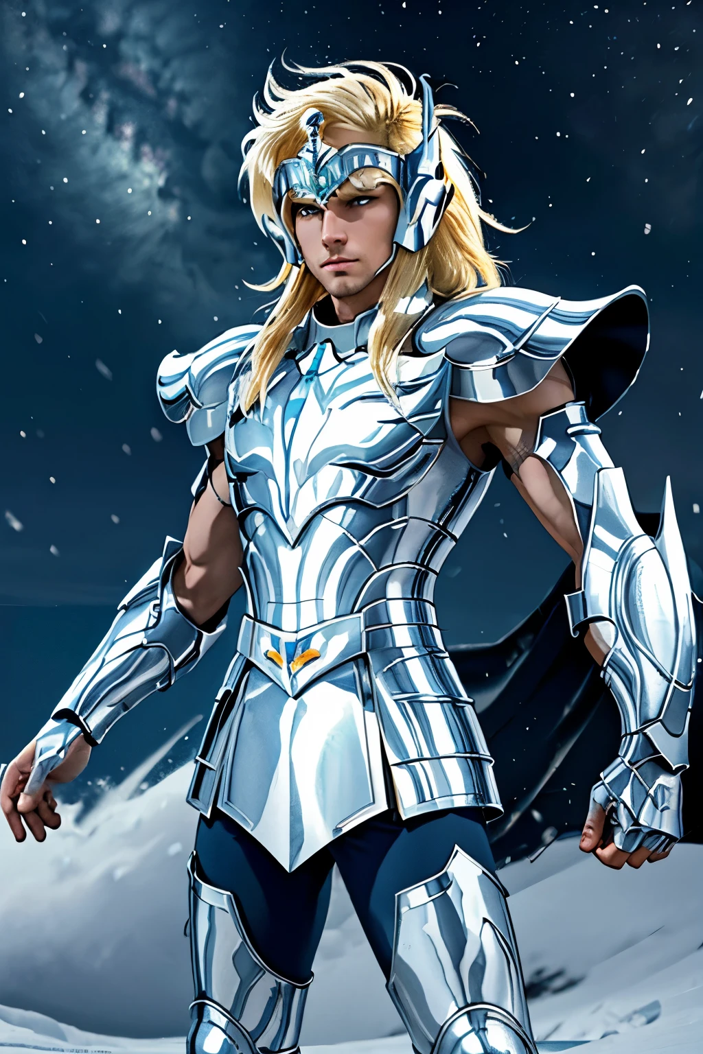 Ultra realistic, 8k, Best quality, high resolution, Alone, 1 tall man, Knights of the Zodiac, fingerless gloves, very white man, pale skin, blonde man, swan armor v2, armor made of chrome metal, simple armor, cosmic snow storm, creating a snowstorm with his hands, cosmo energy, hyoga, ultimate swan, dynamic pose, attack, speed.