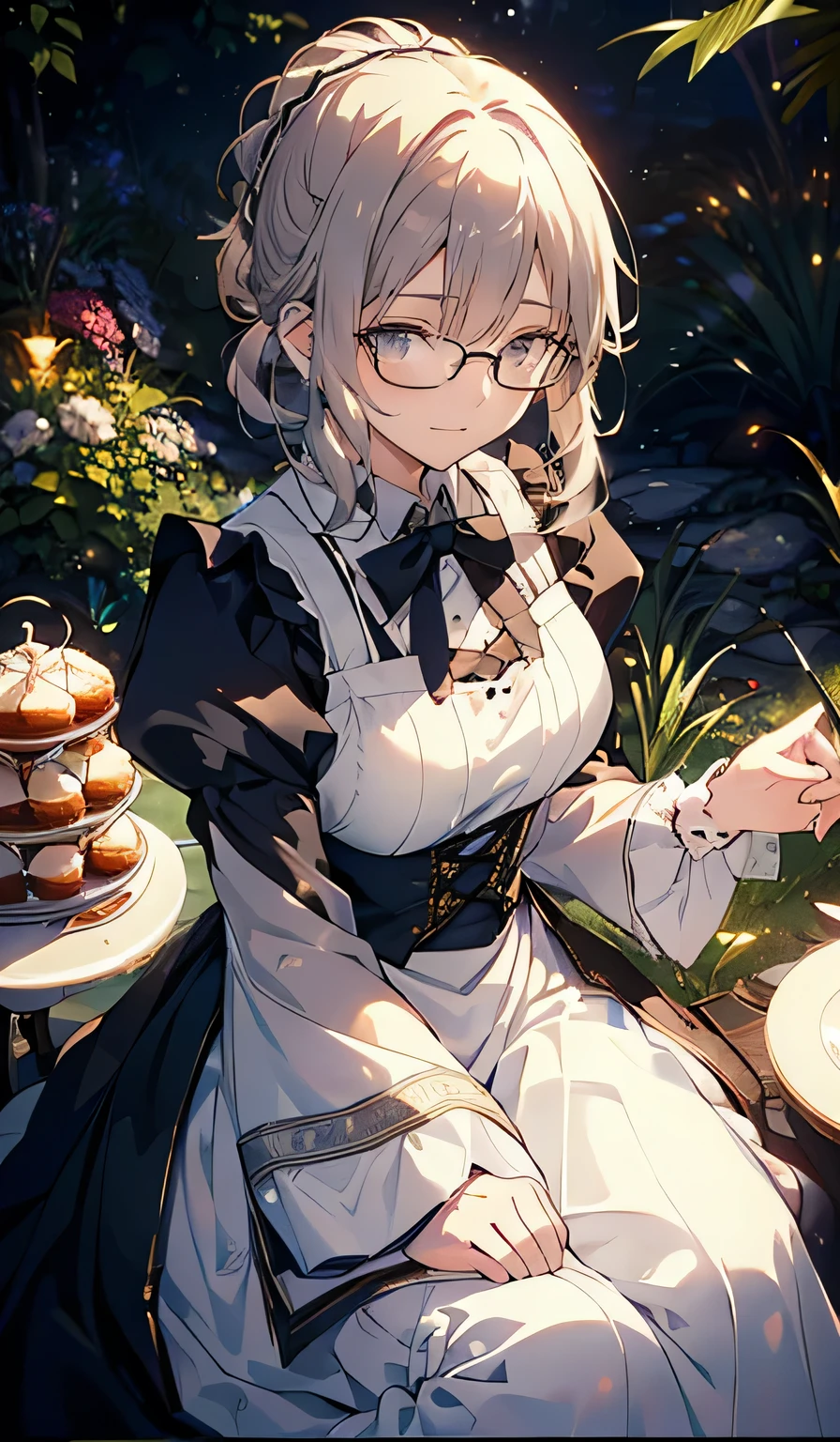 ((smile,smile,Big Breasts)),( best quality,4K, high definition :1.2), ( best quality, masterpiece), (超 high definition , 8KRAWphotograph, photorealistic:1.5, textile shading , Thin outline, clear focus :1.2), Beautiful mature woman gets ready for the afternoon_tea_Party in the garden , Stand by a Round Table , (meisen's tea set, tea pot, tea cups, Cake on a plate), delicate and classy gothic style white table, Light Wear _Brown maid outfit, valley, Maid Costume:1.2, long flare skirt , apron, Bow tie on chest, Tall Sally, Long legs, Gray Hair, ( wearing thin-framed glasses :1.2), (Mature Woman:1.5, 28 years old, alone), ( Big Breasts , saggy breasts during pregnancy, Big Breasts, thin waist), (medium short Gray Hair, hair over one eye , (Updo Hair:1.2), side lock , invalid, wavy hair), ( Bright Eyes , Detail Eyes, Highly Detailed Face , Perfect Face Shape, Dizzying), (seductive smile, half-closed eyes ), ( putting their fingers in their lips:1.3), (dynamic angles, whole body, the above:1.2), (( See Correct Anatomy :1.5, correct hands)), (Ideal body proportions), (Outdoor:1.2, grassland),