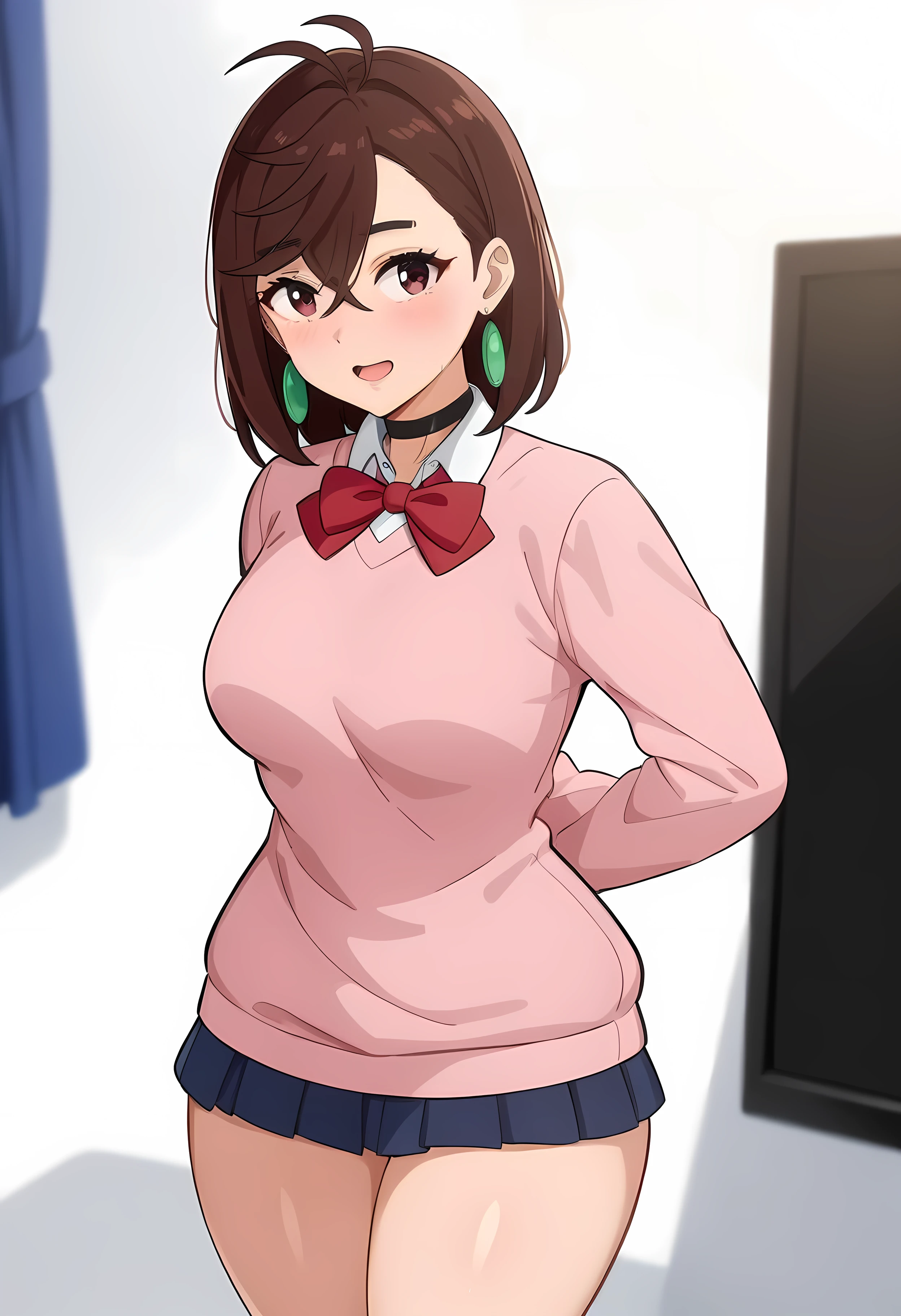 (anime art style), 4k, 8k, Is Extremely Beautiful, very detailed, masterpiece, best quality, very aesthetic, absurdres, dynamic shadows, atmosferic, ayase_momo, 1girl, solo, (brown hair), shiny hair, short hair, hair between eyes, sidelocks, bangs, antenna_hair, brown eyes, medium breasts, curvy body, makeup, (intense blush), collared shirt, pink sweater, blue miniskirt, red bowtie, black choker, green earrings, hands on back, smile, open mouth, shiny, skin, cowboy shot, (from front), (standing), (looking at viewer), (black couch), room, white concrete walls, modern window, flat_screen_tv, (blurred background)