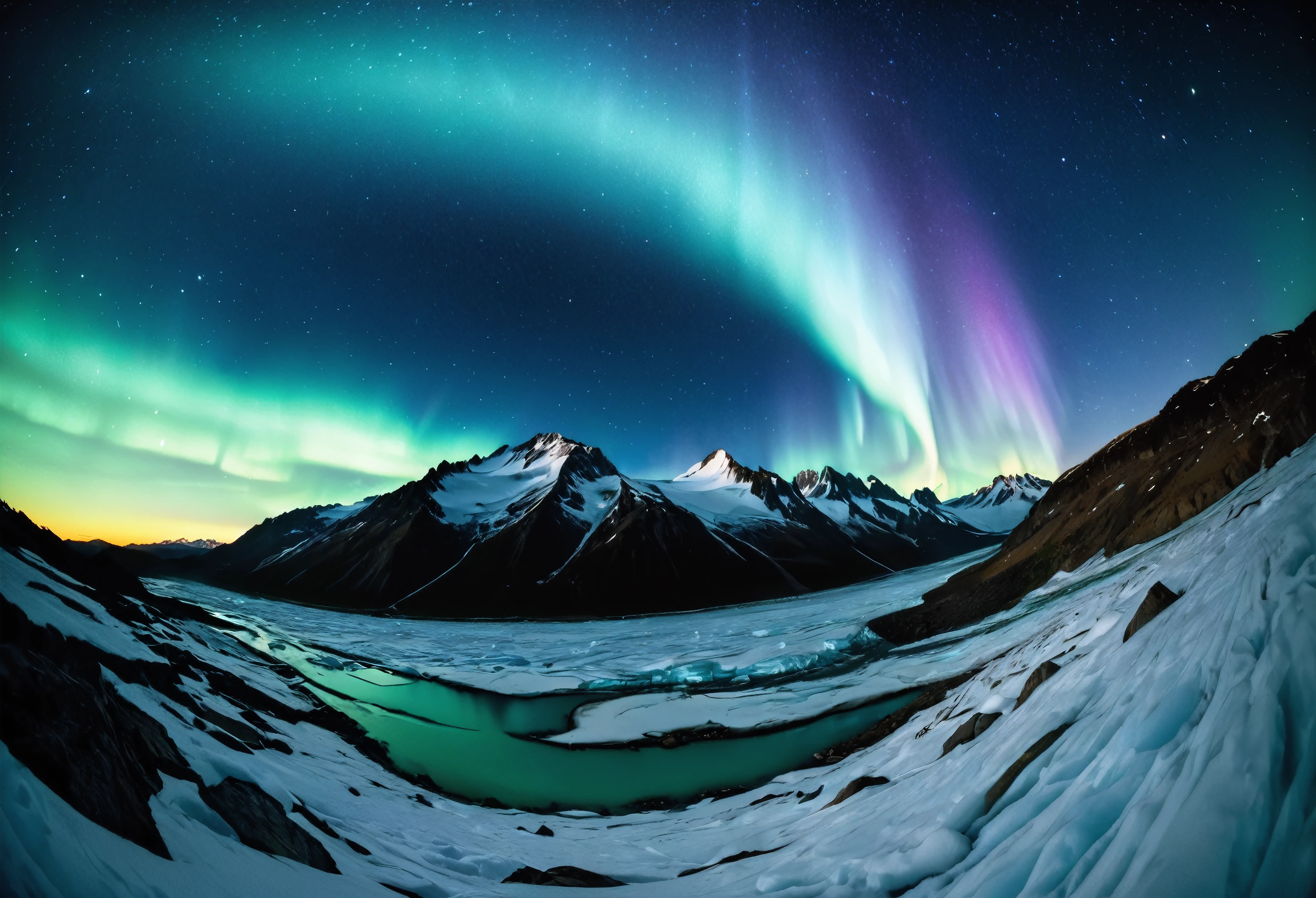 (\Nikon F3, Nikkor 28mm ,  fisheye lens, ISO 50, F:16,  shutter speed :1/1 0), velvia 50 \,  accurate focus ,  secure hold, Charming Blurring ,  RAW Photos,  BRAKE shooting auroras ,  long exposure ,  I look up at a starry sky from above a glacier, It was taken looking directly above, Astronomical photography , BREAK: Subtle auroras in the quiet night sky,  absurd,  high contrast , I will tell you an aesthetic scene that transcends even the providence of nature, BREAK random style transformation, 