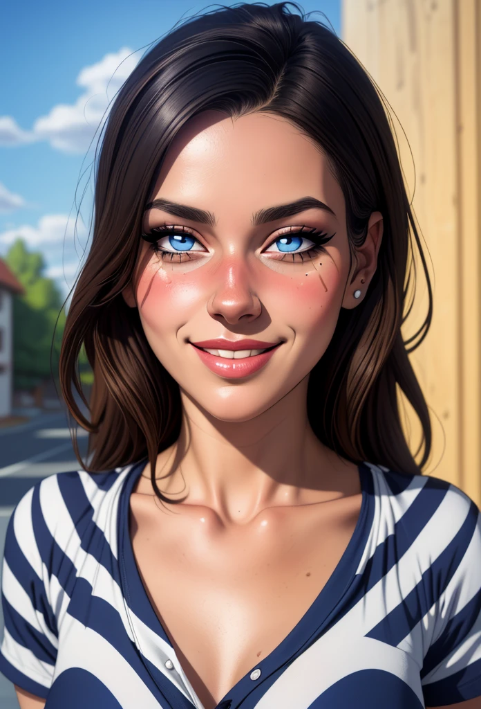 fan striped blue and white shirt, Paysandu shirt,  long lashes,  eyes in solid circle ,  light smile , ear blush, taken, Anáglifo, Stereogram, , throw, 8k,  super detail , Necessary,  Best Quality , 1080P,  Best Quality , Altas,  tall details,  textured skin,  Anatomically correct ,  textured skin,  textured skin,  Anatomically correct 