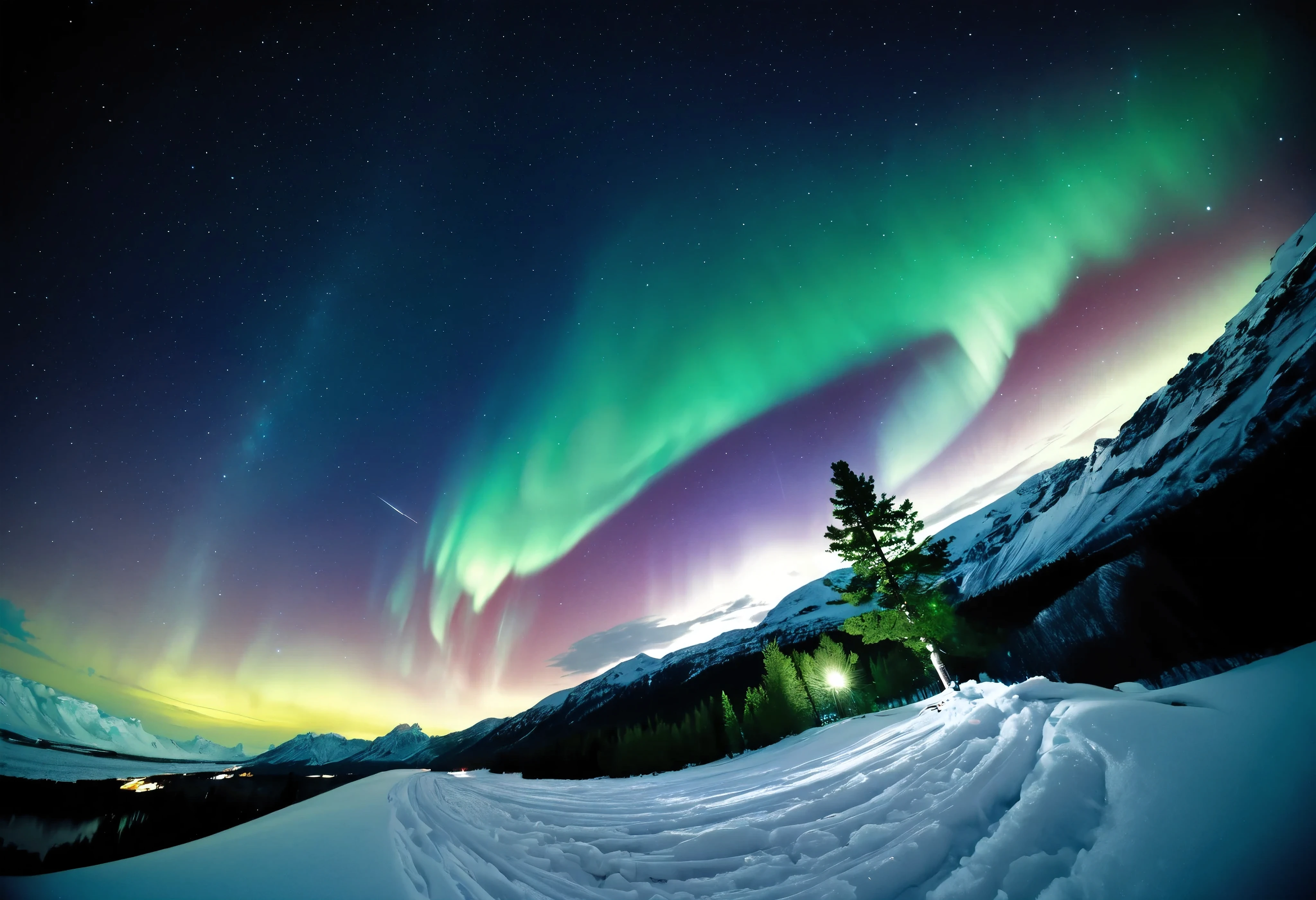 (\Nikon F3, Nikkor 28mm ,  fisheye lens, ISO 50, F:16,  shutter speed :1/1 0), velvia 50 \,  accurate focus ,  secure hold, Charming Blurring ,  RAW Photos,  BRAKE shooting auroras ,  long exposure ,  I look up at a starry sky from above a glacier, It was taken looking directly above, Astronomical photography , BREAK: Subtle auroras in the quiet night sky,  absurd,  high contrast , I will tell you an aesthetic scene that transcends even the providence of nature, BREAK random style transformation, 