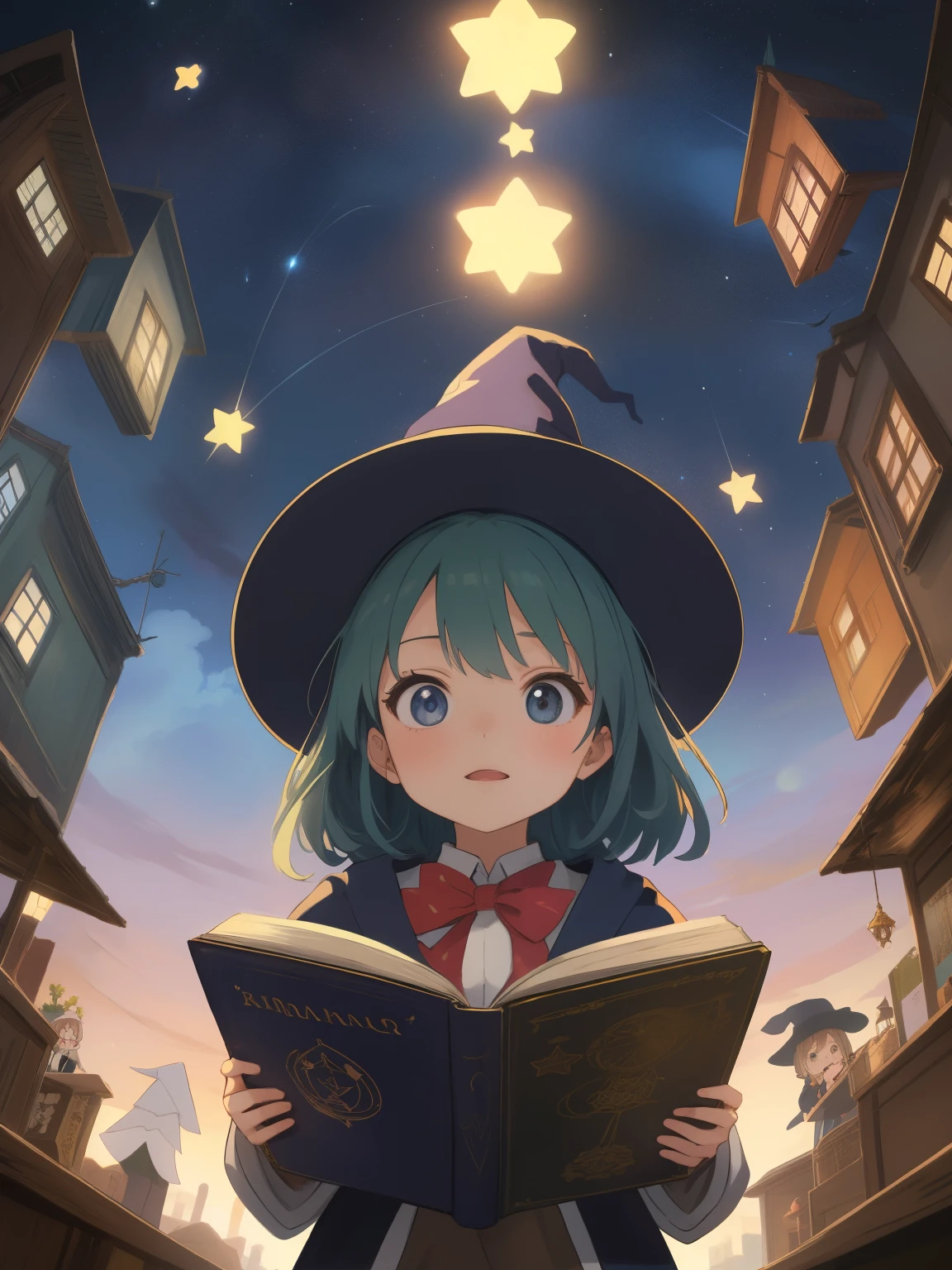 anime-girl-in-a-witch-hat-reading-a-book-in-a-city-seaart-ai